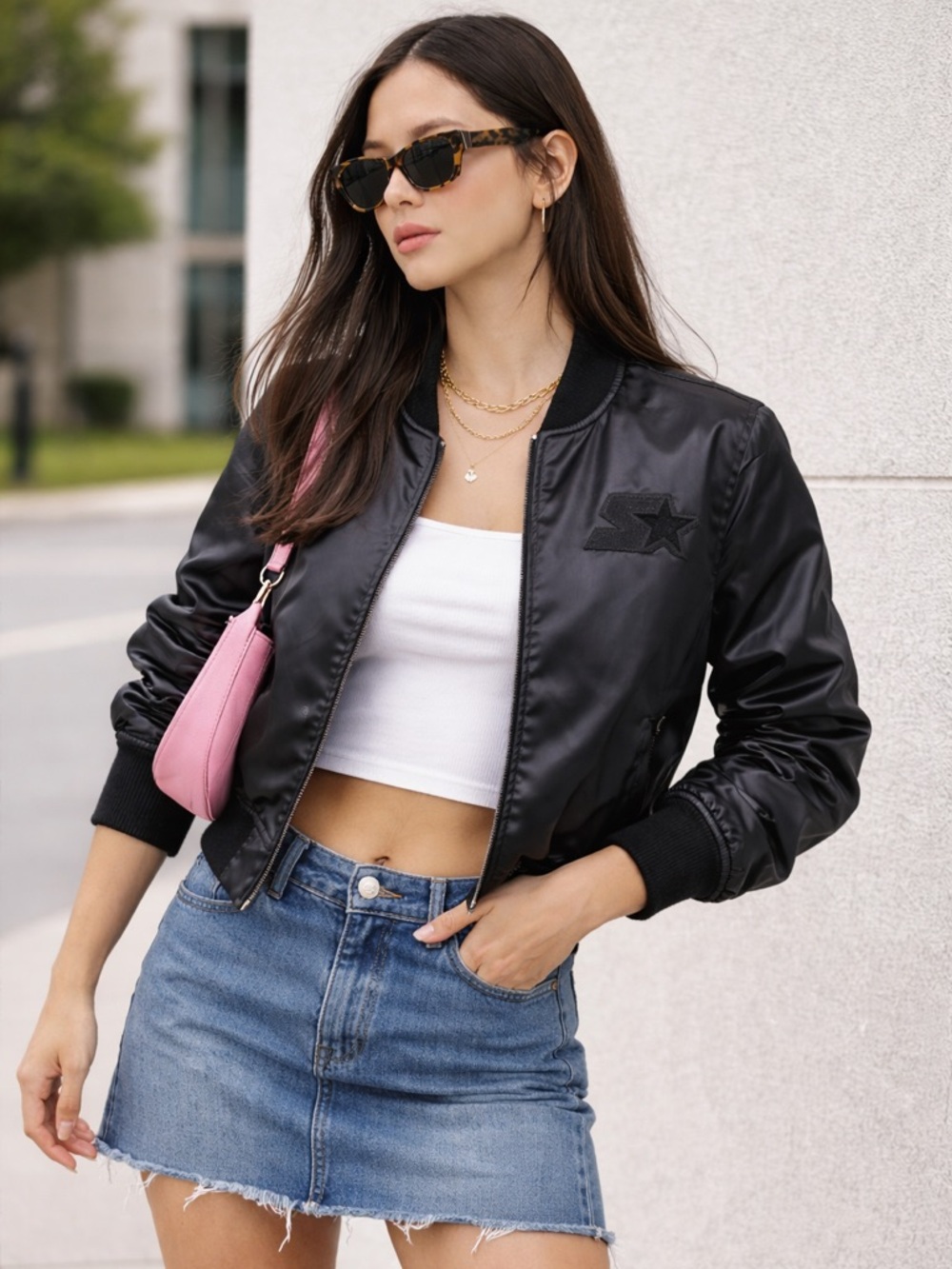 STARTER 2018 Black Satin Bomber Jacket • Juniors Large (Adult XS/S) • Minimalist